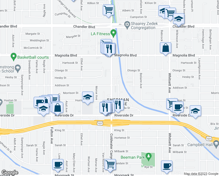 map of restaurants, bars, coffee shops, grocery stores, and more near 4961 Coldwater Canyon Avenue in Sherman Oaks