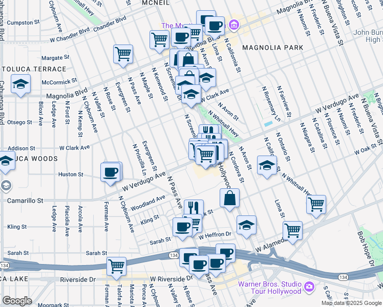 map of restaurants, bars, coffee shops, grocery stores, and more near 612 North Kenwood Street in Burbank