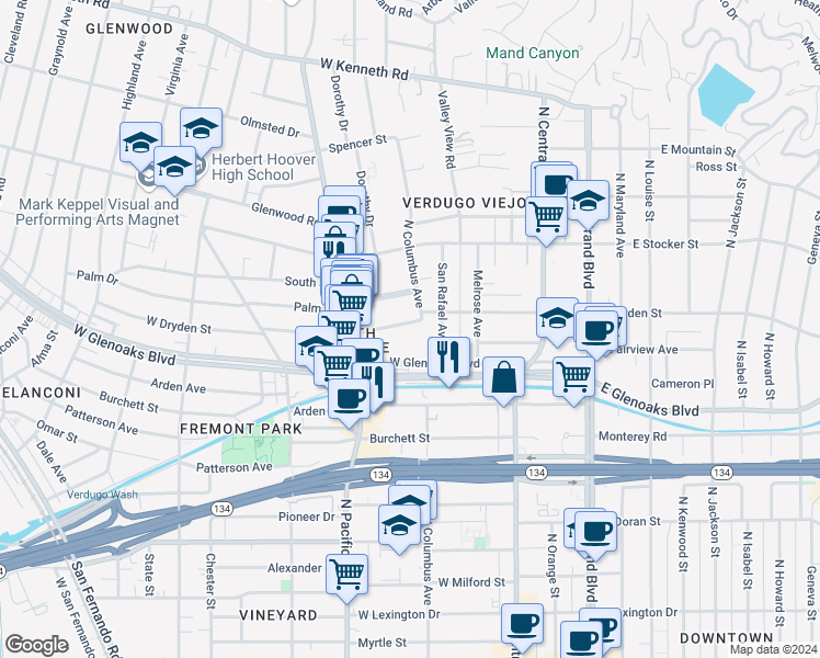 map of restaurants, bars, coffee shops, grocery stores, and more near 408 West Dryden Street in Glendale