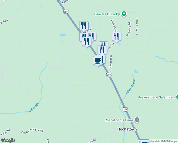 map of restaurants, bars, coffee shops, grocery stores, and more near 134 Willow Bend Road in Broken Bow