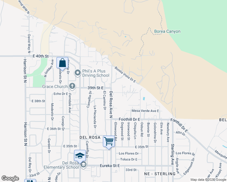 map of restaurants, bars, coffee shops, grocery stores, and more near Del Rosa Avenue in San Bernardino