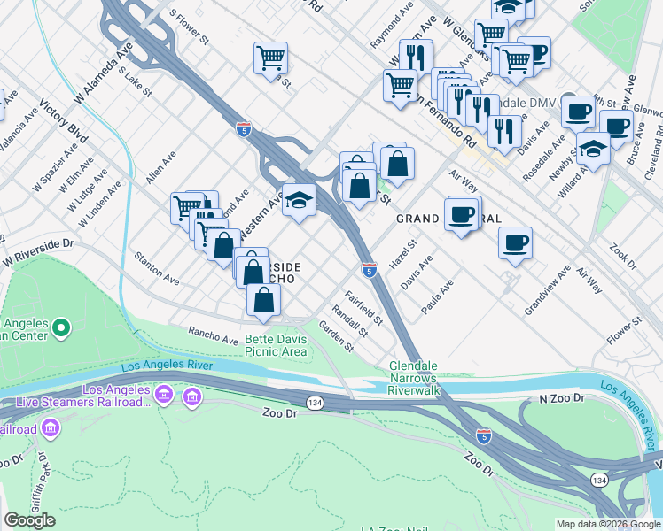 map of restaurants, bars, coffee shops, grocery stores, and more near 1518 Lake Street in Glendale