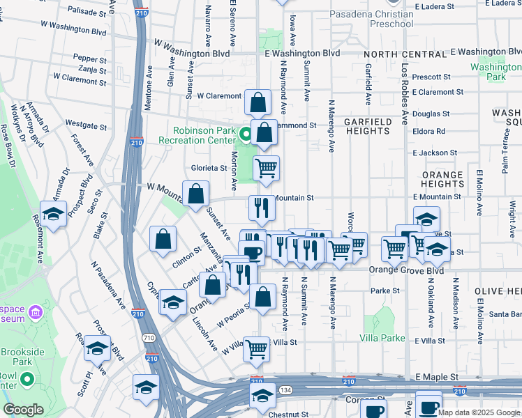 map of restaurants, bars, coffee shops, grocery stores, and more near 886 North Fair Oaks Avenue in Pasadena