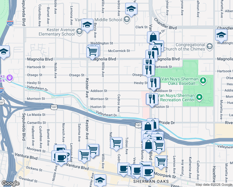 map of restaurants, bars, coffee shops, grocery stores, and more near 14706 Addison Street in Los Angeles