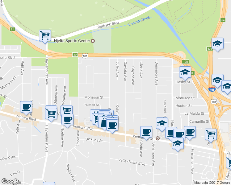 map of restaurants, bars, coffee shops, grocery stores, and more near 5036 Woodley Avenue in Los Angeles