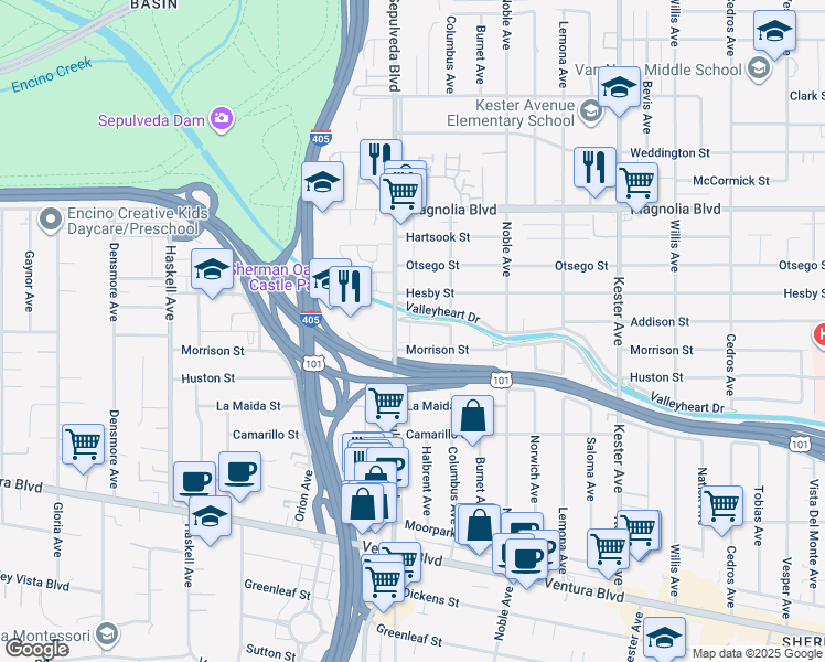 map of restaurants, bars, coffee shops, grocery stores, and more near 15242 Valleyheart Drive in Los Angeles