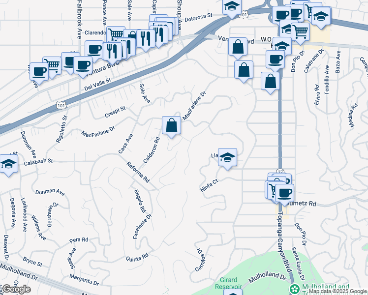 map of restaurants, bars, coffee shops, grocery stores, and more near 5051 Cerrillos Drive in Los Angeles