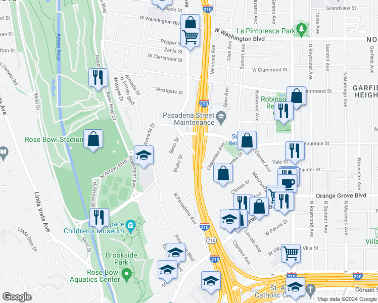 map of restaurants, bars, coffee shops, grocery stores, and more near 1011 Lincoln Avenue in Pasadena