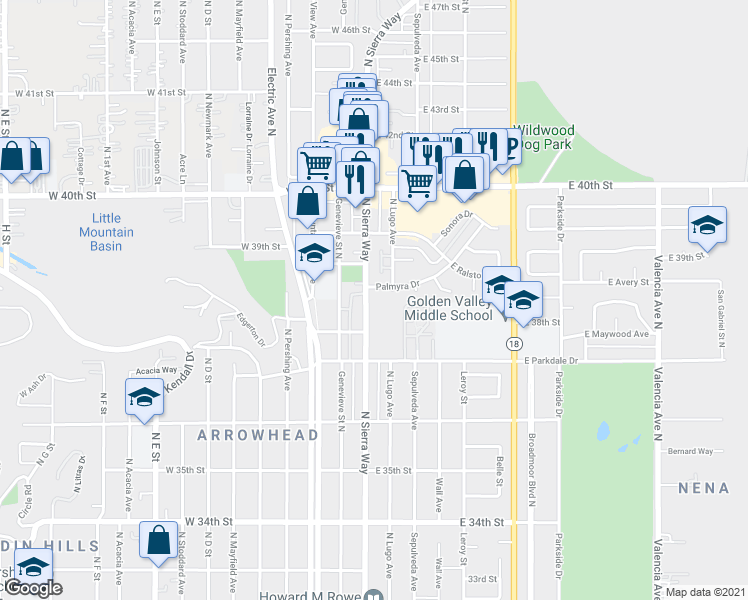 map of restaurants, bars, coffee shops, grocery stores, and more near 3851 North Sierra Way in San Bernardino