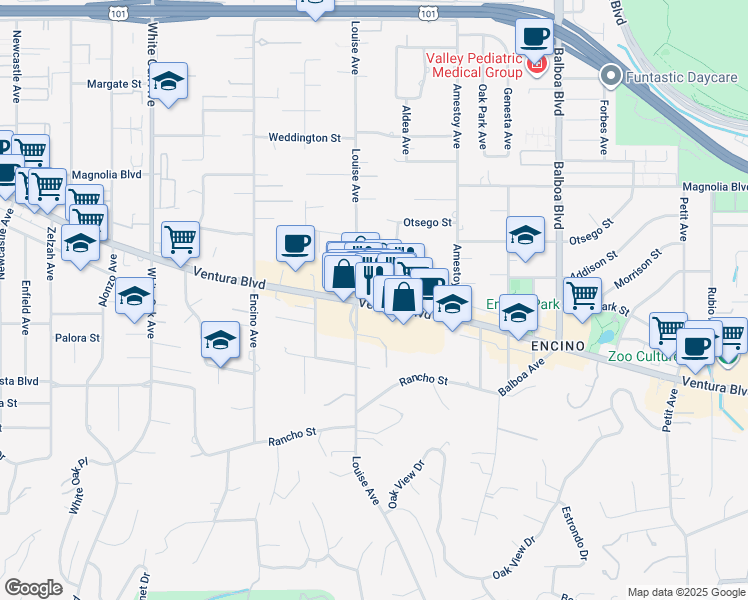map of restaurants, bars, coffee shops, grocery stores, and more near 17257 Ventura Boulevard in Los Angeles