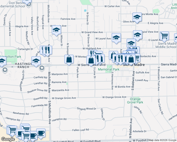 map of restaurants, bars, coffee shops, grocery stores, and more near 395 Mariposa Avenue in Sierra Madre