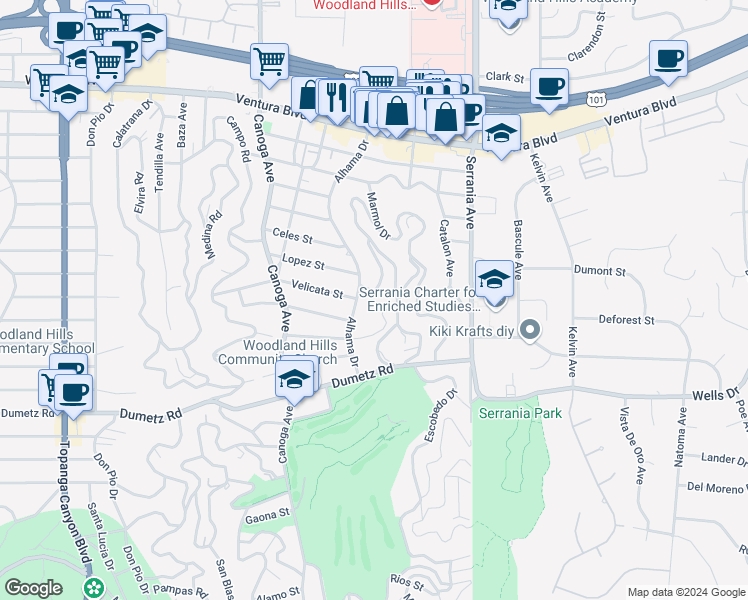 map of restaurants, bars, coffee shops, grocery stores, and more near 21184 Lopez Street in Los Angeles