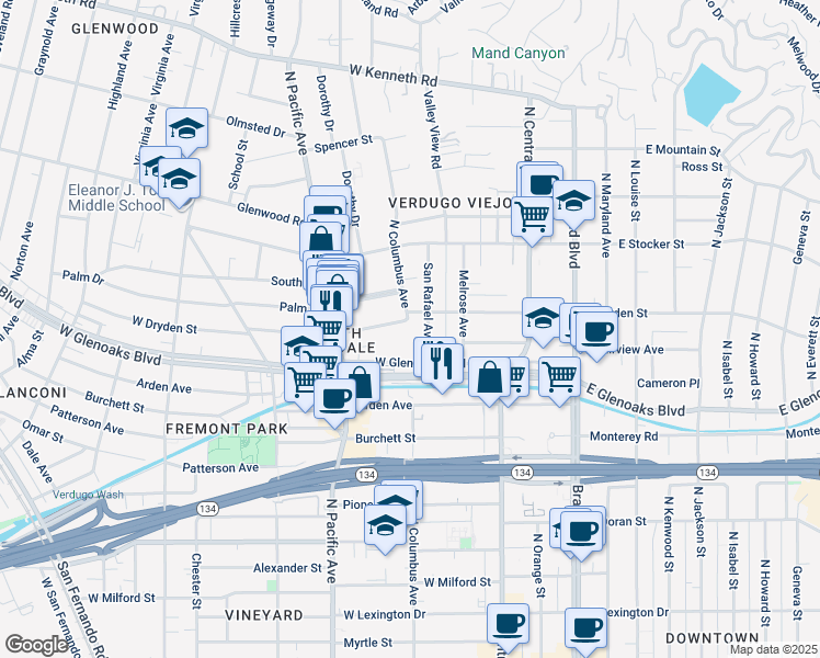 map of restaurants, bars, coffee shops, grocery stores, and more near 396 West Dryden Street in Glendale
