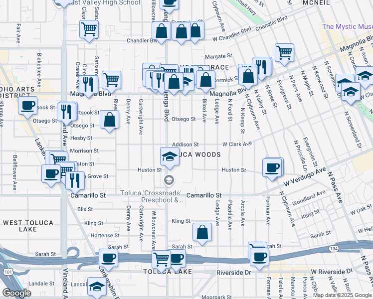 map of restaurants, bars, coffee shops, grocery stores, and more near 4949 Strohm Avenue in Los Angeles