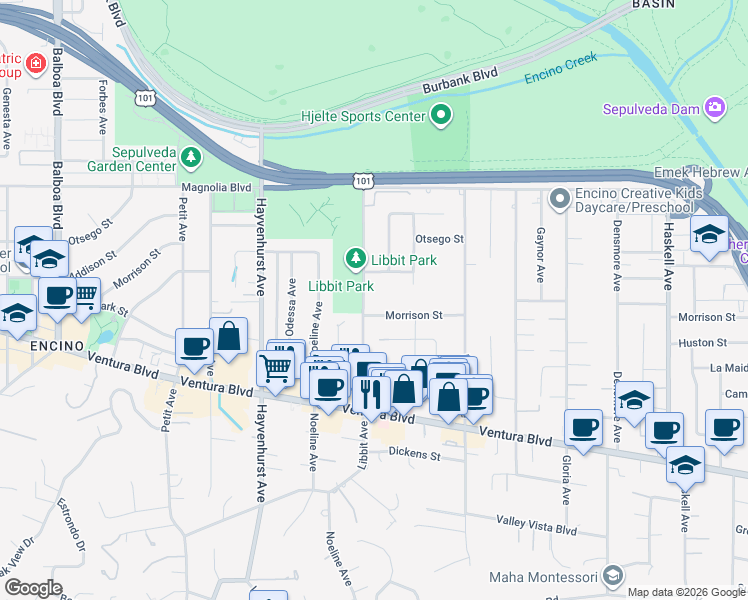 map of restaurants, bars, coffee shops, grocery stores, and more near 5034 Libbit Avenue in Los Angeles