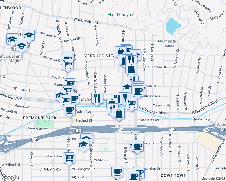 map of restaurants, bars, coffee shops, grocery stores, and more near 1035 North Central Avenue in Glendale