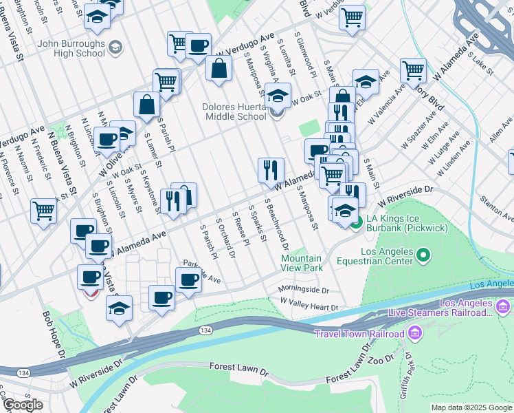 map of restaurants, bars, coffee shops, grocery stores, and more near 510 South Sparks Street in Burbank