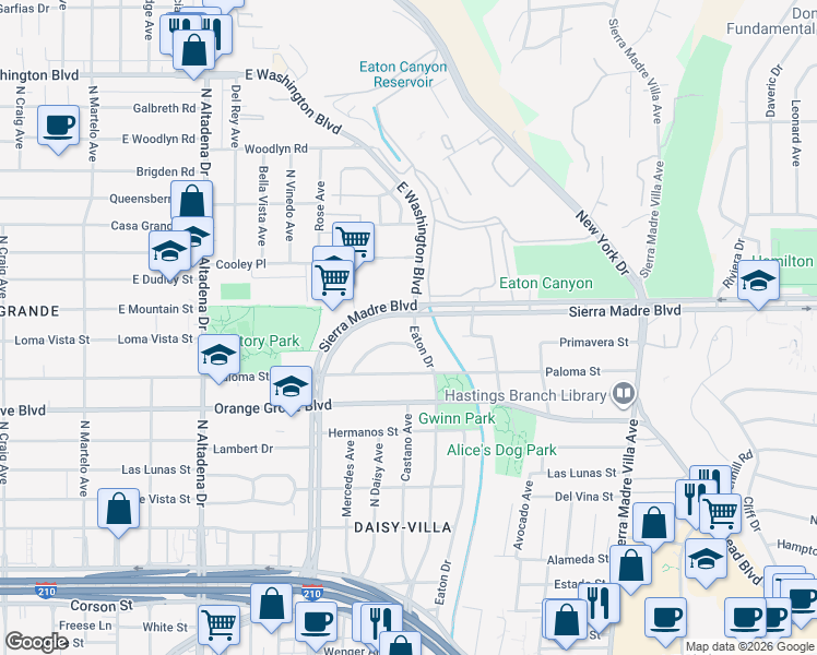 map of restaurants, bars, coffee shops, grocery stores, and more near 847 Eaton Drive in Pasadena