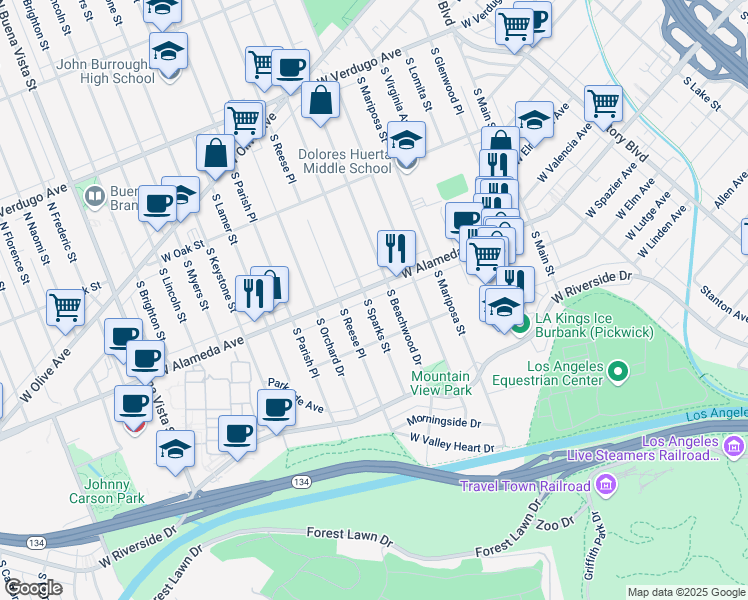 map of restaurants, bars, coffee shops, grocery stores, and more near 510 South Sparks Street in Burbank
