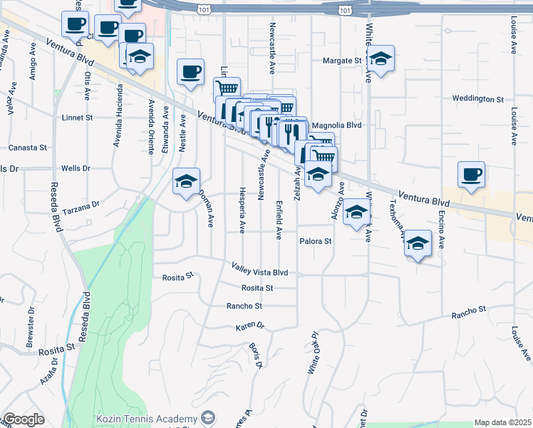 map of restaurants, bars, coffee shops, grocery stores, and more near 5030 Newcastle Avenue in Los Angeles