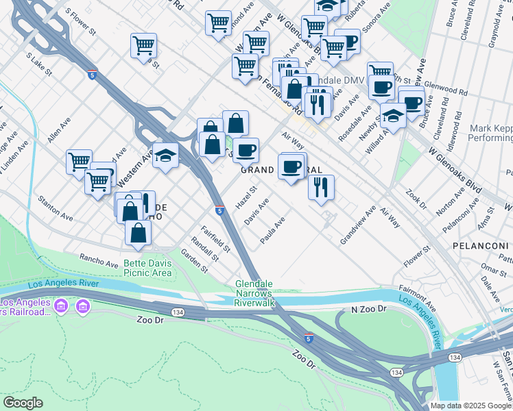 map of restaurants, bars, coffee shops, grocery stores, and more near 611 Davis Avenue in Glendale