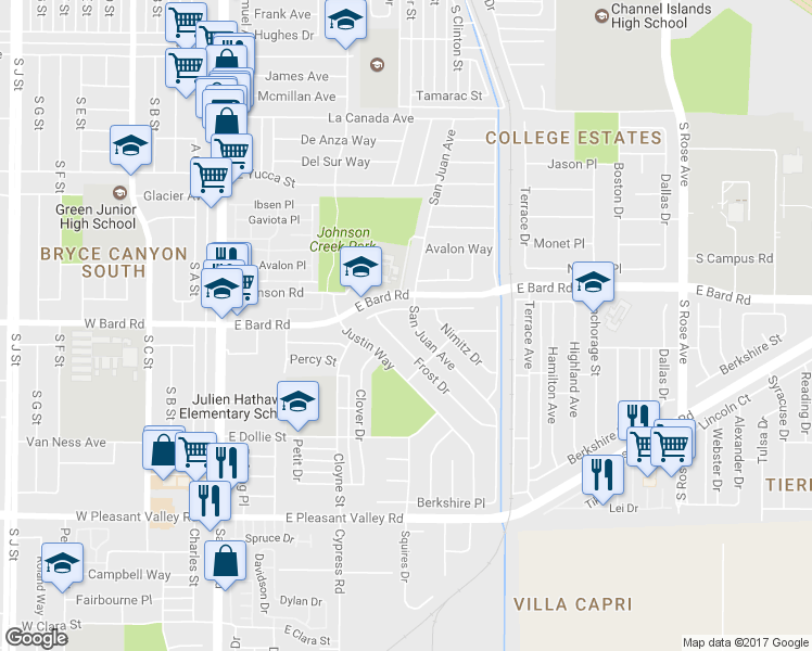 map of restaurants, bars, coffee shops, grocery stores, and more near 4251 San Juan Avenue in Oxnard