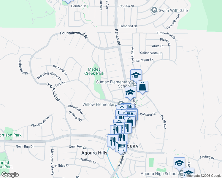 map of restaurants, bars, coffee shops, grocery stores, and more near 29087 Saddlebrook Drive in Agoura Hills