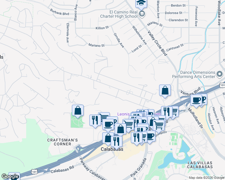 map of restaurants, bars, coffee shops, grocery stores, and more near 23860 Long Valley Road in Hidden Hills