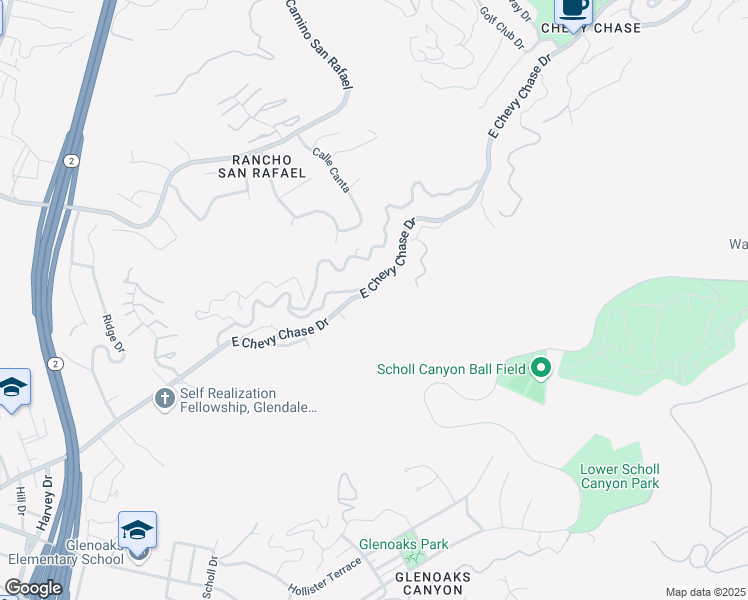 map of restaurants, bars, coffee shops, grocery stores, and more near 2530 East Chevy Chase Drive in Glendale