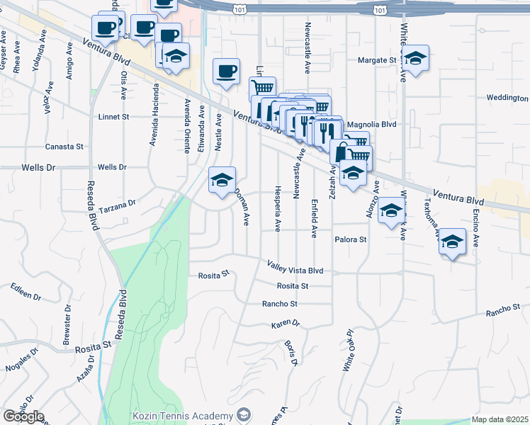 map of restaurants, bars, coffee shops, grocery stores, and more near 5028 Lindley Avenue in Los Angeles