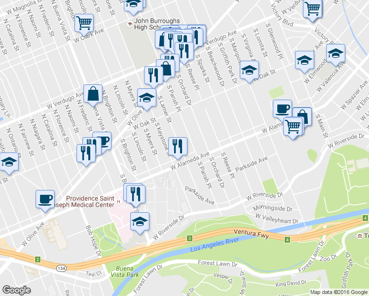 map of restaurants, bars, coffee shops, grocery stores, and more near 324 South Lamer Street in Burbank