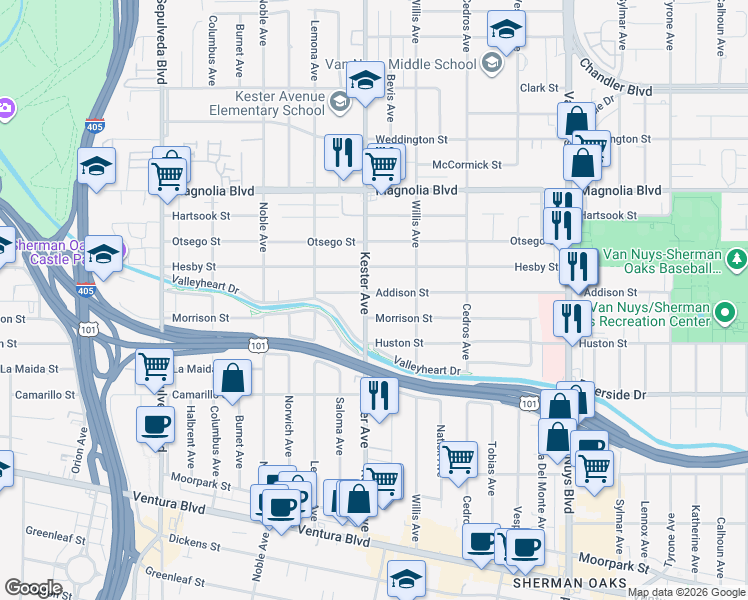 map of restaurants, bars, coffee shops, grocery stores, and more near 14838 Addison Street in Los Angeles