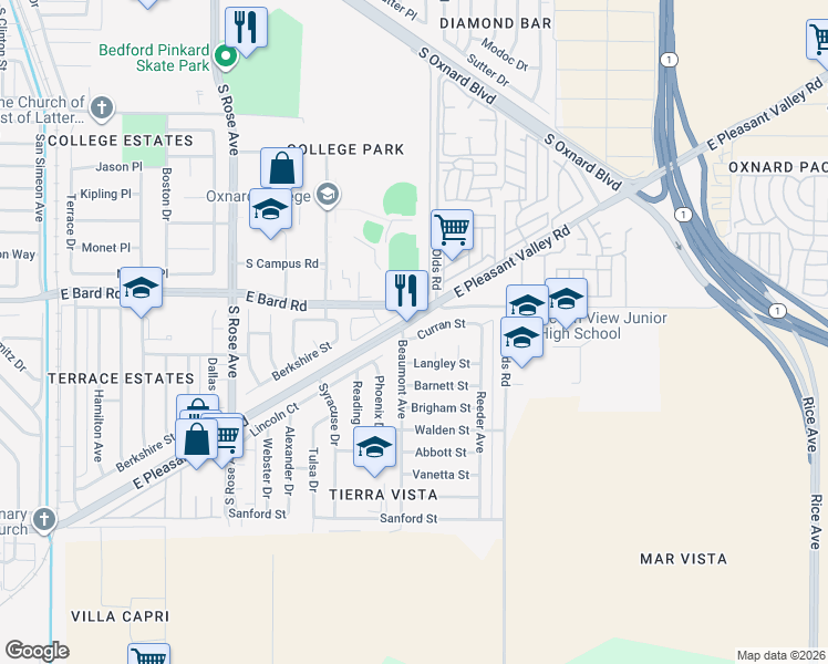 map of restaurants, bars, coffee shops, grocery stores, and more near 2001-2129 Curran Street in Oxnard