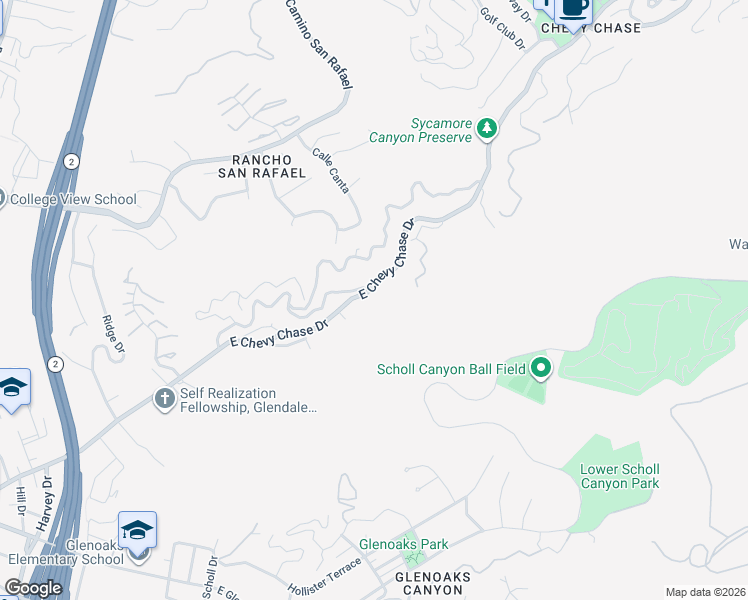 map of restaurants, bars, coffee shops, grocery stores, and more near 2530 East Chevy Chase Drive in Glendale