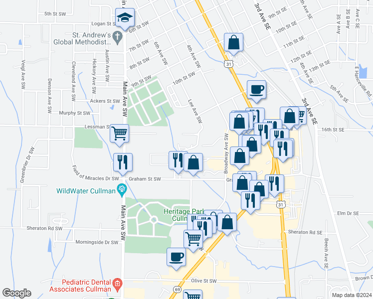 map of restaurants, bars, coffee shops, grocery stores, and more near 1634 Lee Avenue Southwest in Cullman