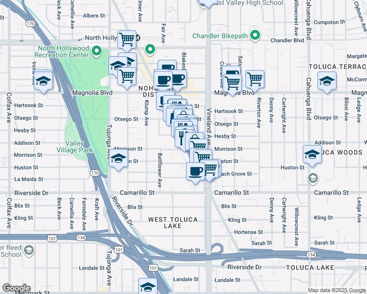 map of restaurants, bars, coffee shops, grocery stores, and more near 11111 Morrison Street in Los Angeles