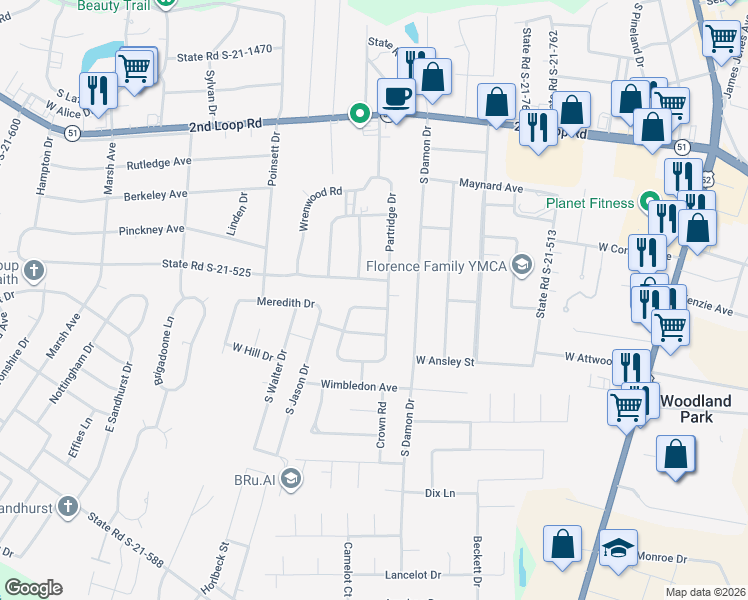 map of restaurants, bars, coffee shops, grocery stores, and more near 1878 Partridge Circle in Florence