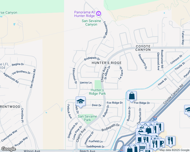 map of restaurants, bars, coffee shops, grocery stores, and more near 14736 Nova Scotia Drive in Fontana