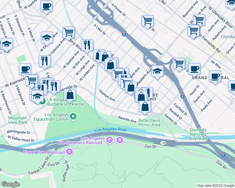 map of restaurants, bars, coffee shops, grocery stores, and more near 219 Raymond Ave in Glendale