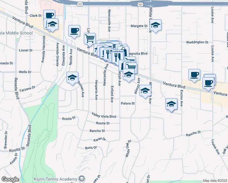 map of restaurants, bars, coffee shops, grocery stores, and more near 5030 Enfield Avenue in Los Angeles