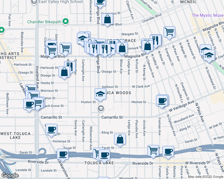 map of restaurants, bars, coffee shops, grocery stores, and more near 4949 Strohm Avenue in Los Angeles