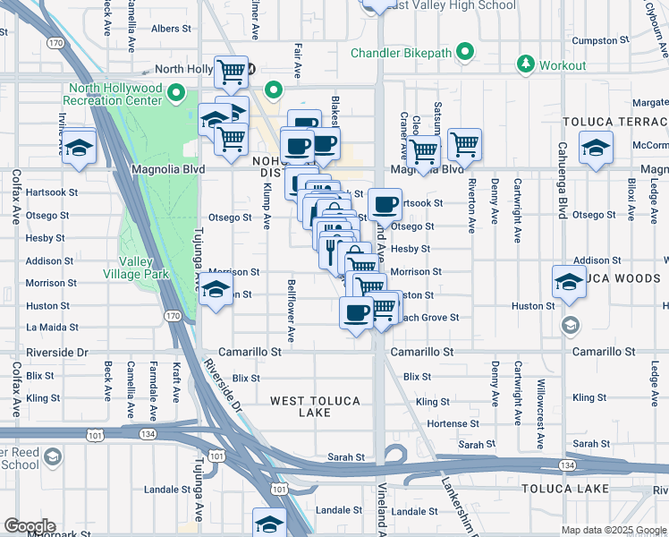 map of restaurants, bars, coffee shops, grocery stores, and more near 5003 Lankershim Boulevard in Los Angeles
