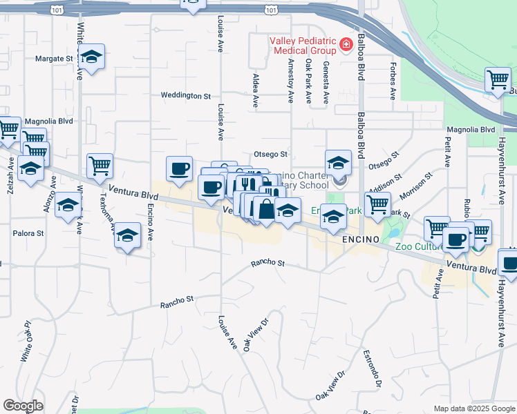 map of restaurants, bars, coffee shops, grocery stores, and more near 17157 Ventura Boulevard in Los Angeles