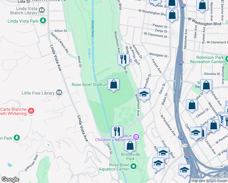 map of restaurants, bars, coffee shops, grocery stores, and more near 1001 Rose Bowl Drive in Pasadena