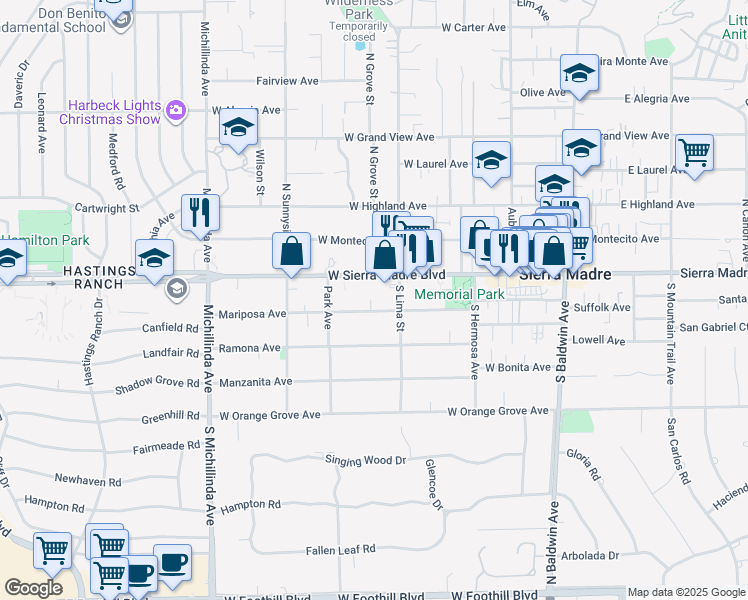 map of restaurants, bars, coffee shops, grocery stores, and more near 381 Mariposa Avenue in Sierra Madre