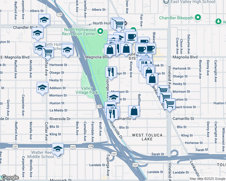 map of restaurants, bars, coffee shops, grocery stores, and more near 11325 Morrison Street in San Fernando Valley