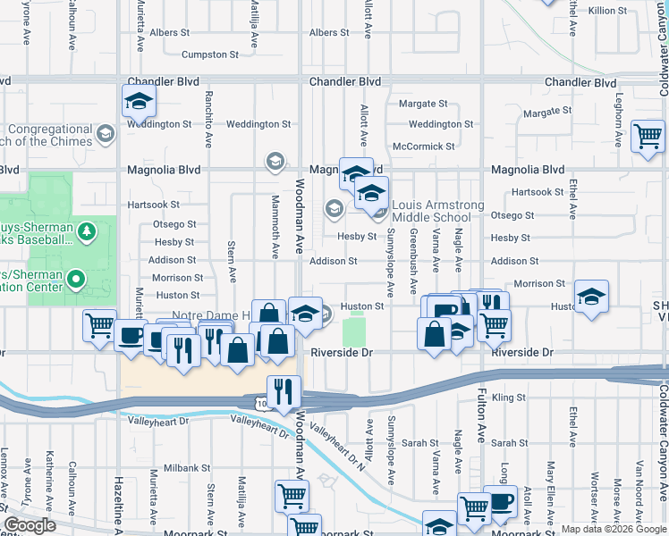 map of restaurants, bars, coffee shops, grocery stores, and more near 13614 Addison Street in Los Angeles