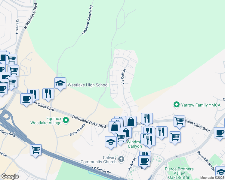 map of restaurants, bars, coffee shops, grocery stores, and more near 1019 Via Colinas in Westlake Village