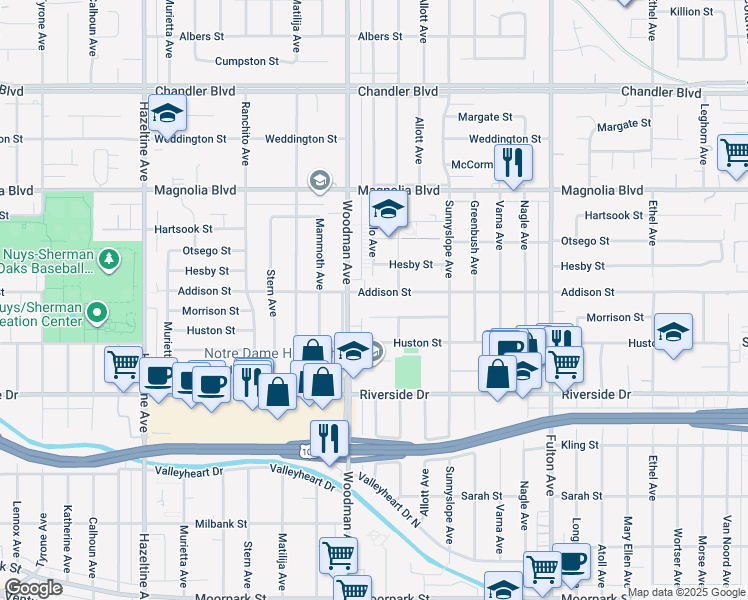 map of restaurants, bars, coffee shops, grocery stores, and more near 13628 Addison Street in Los Angeles