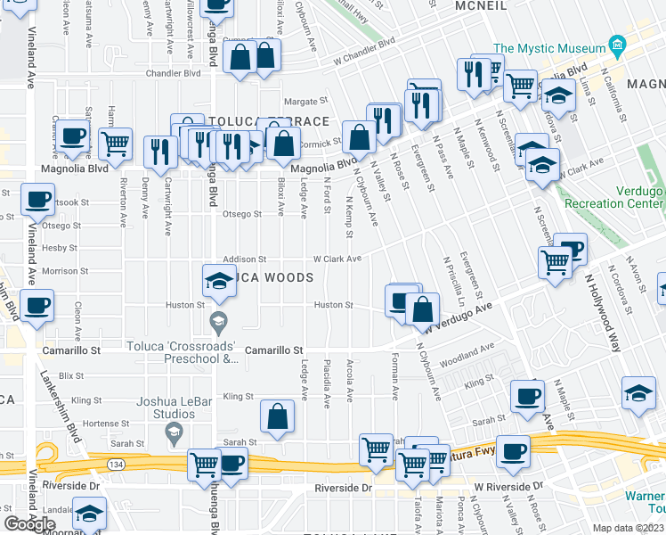 map of restaurants, bars, coffee shops, grocery stores, and more near 4952 Placidia Avenue in Los Angeles